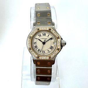 CARTIER SANTOS OCTAGON 25mm Quartz 2 Tone 0.40TCW Diamond Watch NEW Model